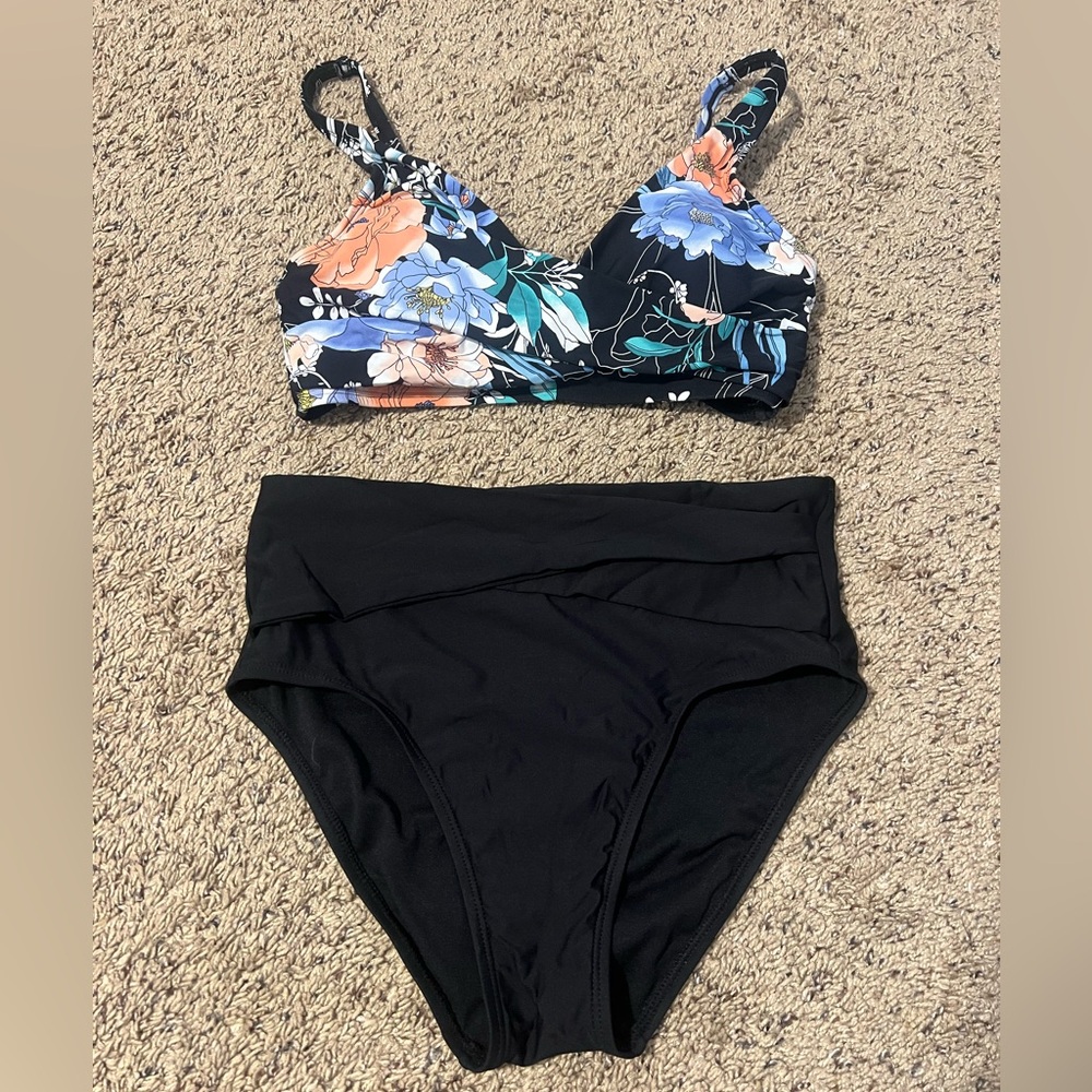 Freshwater Floral Print Black High-Waist Bikini Set